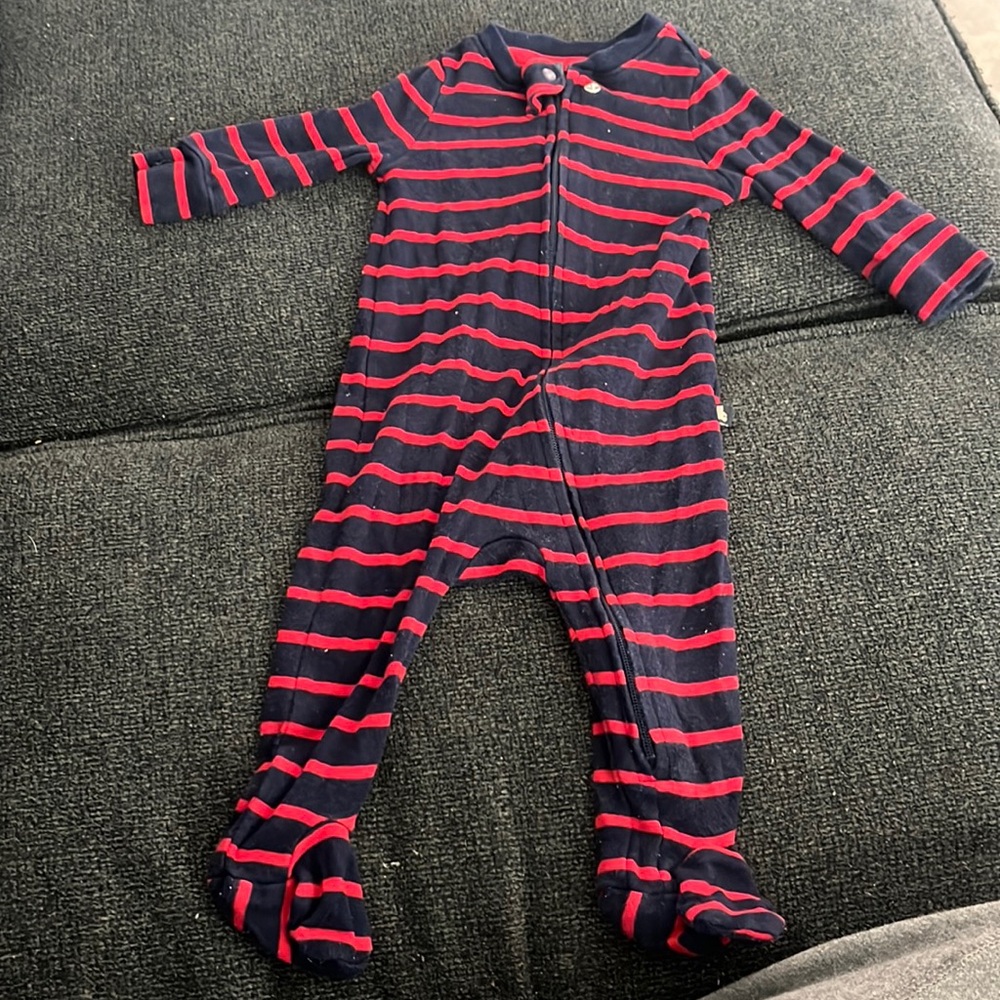 Navy and red one piece pajama with feet